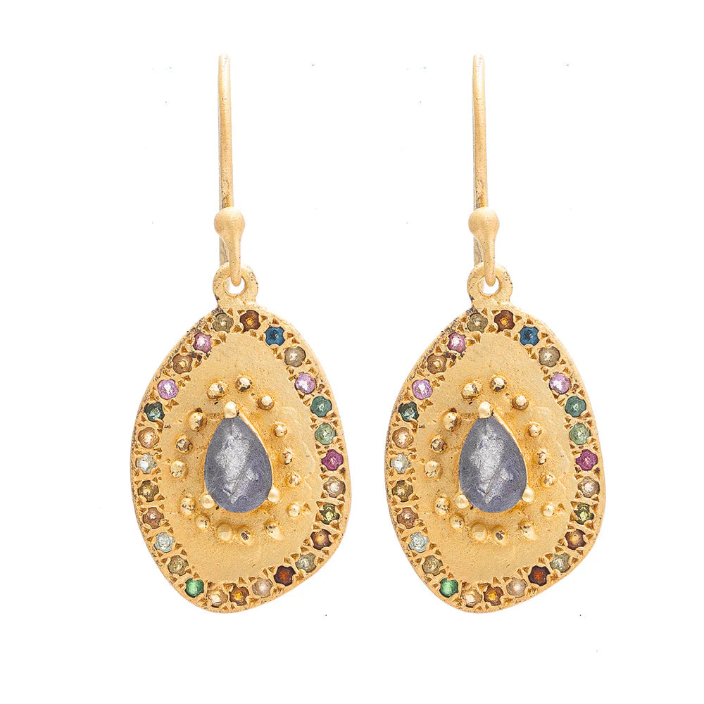 Rubyteva Gold Aphrodite Earrings w/ Tear Drop Faceted Labradorite & Multi Tourmaline