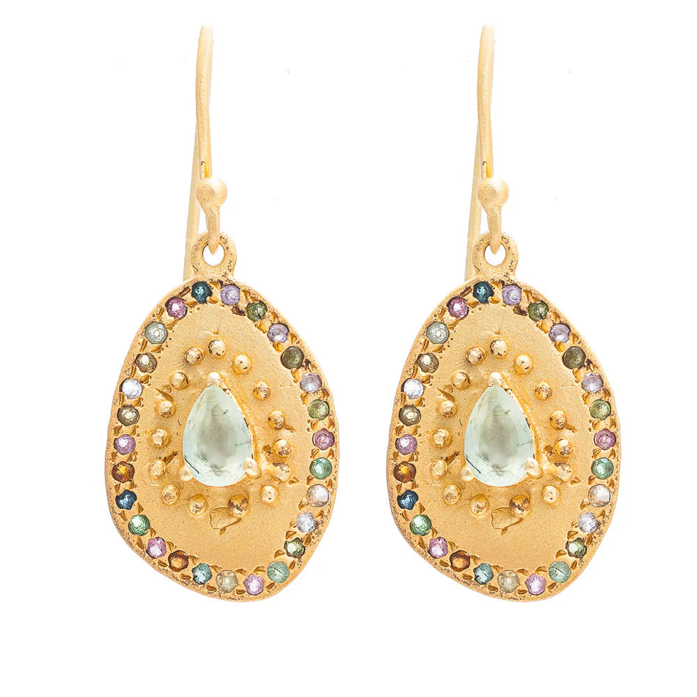 Rubyteva Gold Plate Aphrodite Earring w/ Tear Drop Faceted Prehnite & Multi Tourmaline