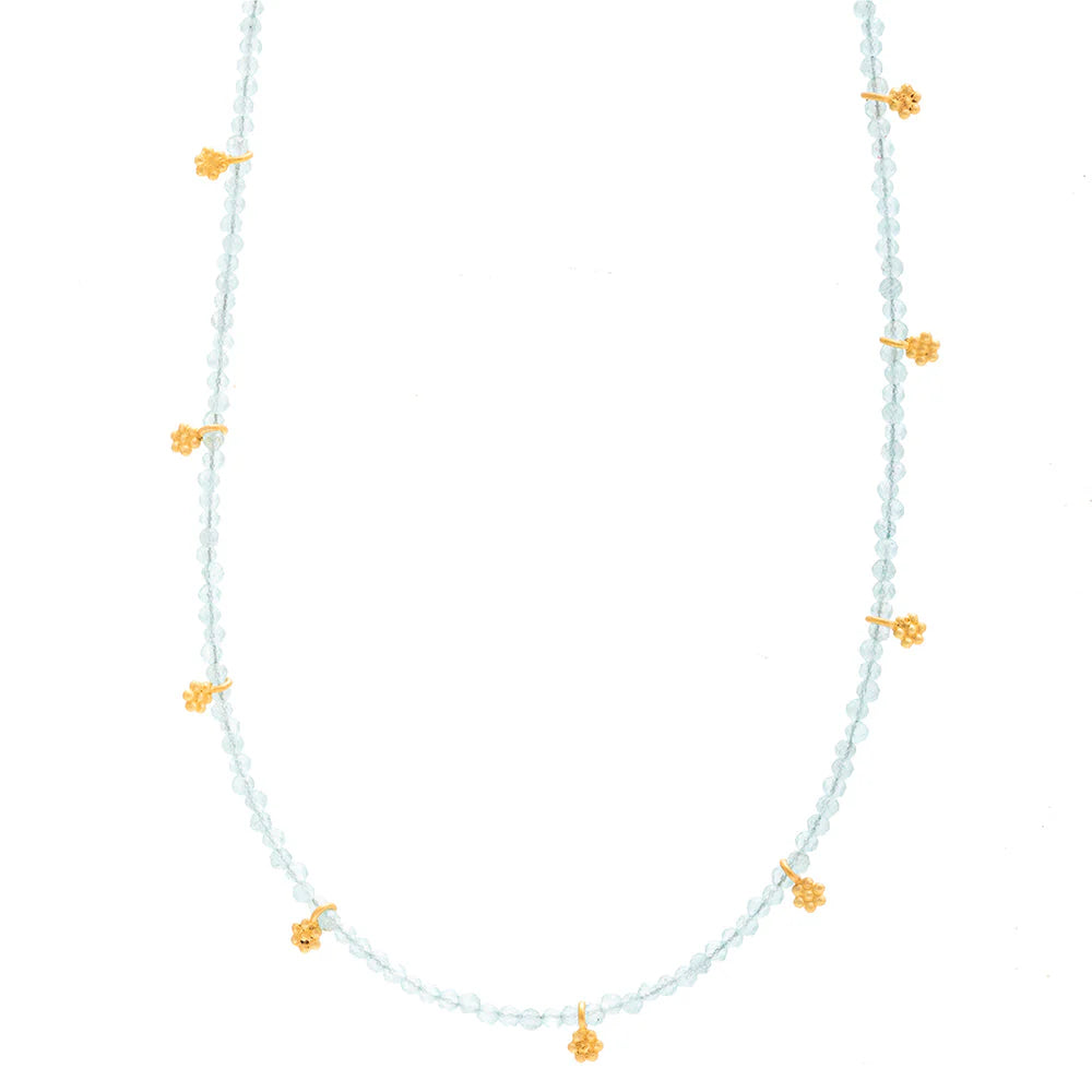 Rubyteva Aquamarine Beaded Necklace w/ Gold Flowers