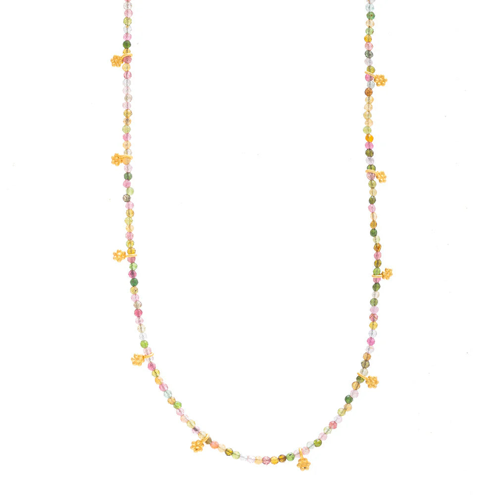 Rubyteva Multi Tourmaline Bead w/ Gold Flower Necklace