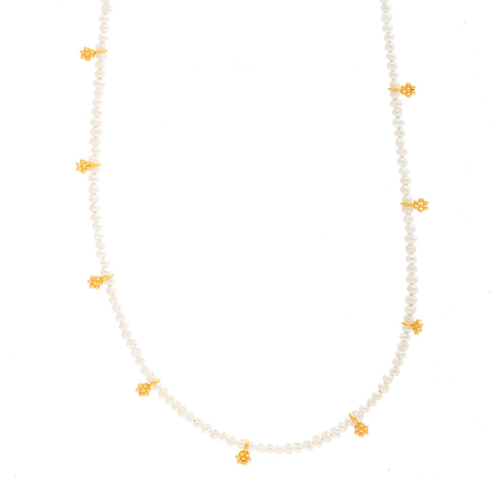 Rubyteva Pearl Beaded Necklace w/ Gold Flowers