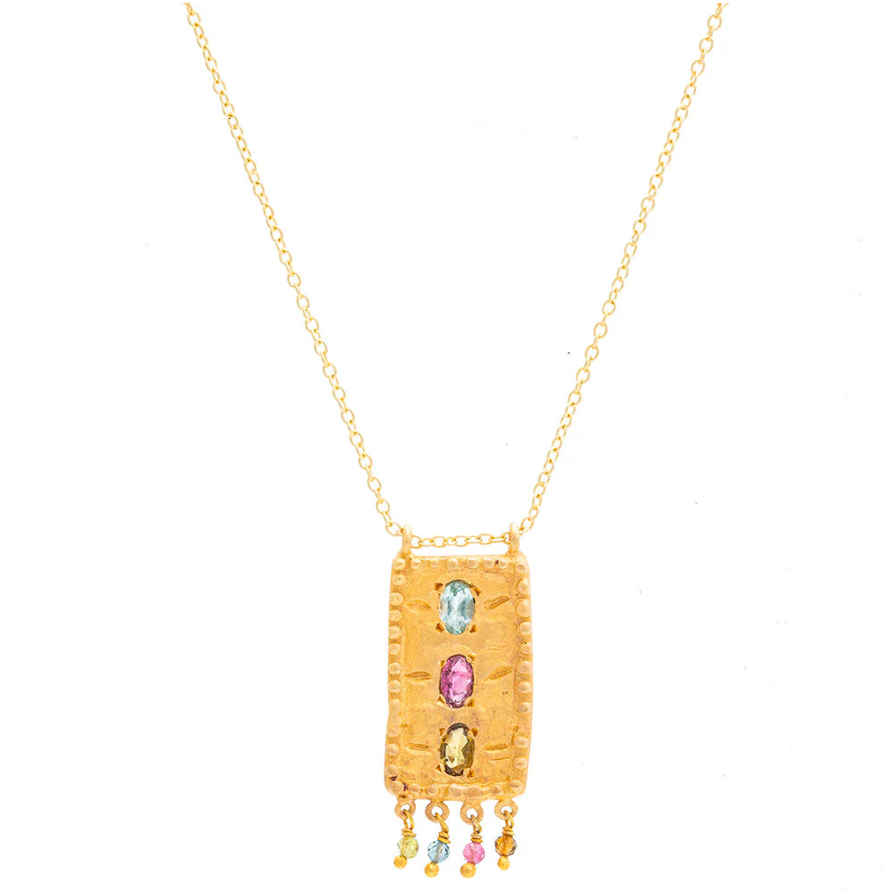 Rubyteva Sahara Gold Rectangle Pendant w/ Multi Tourmaline Necklace