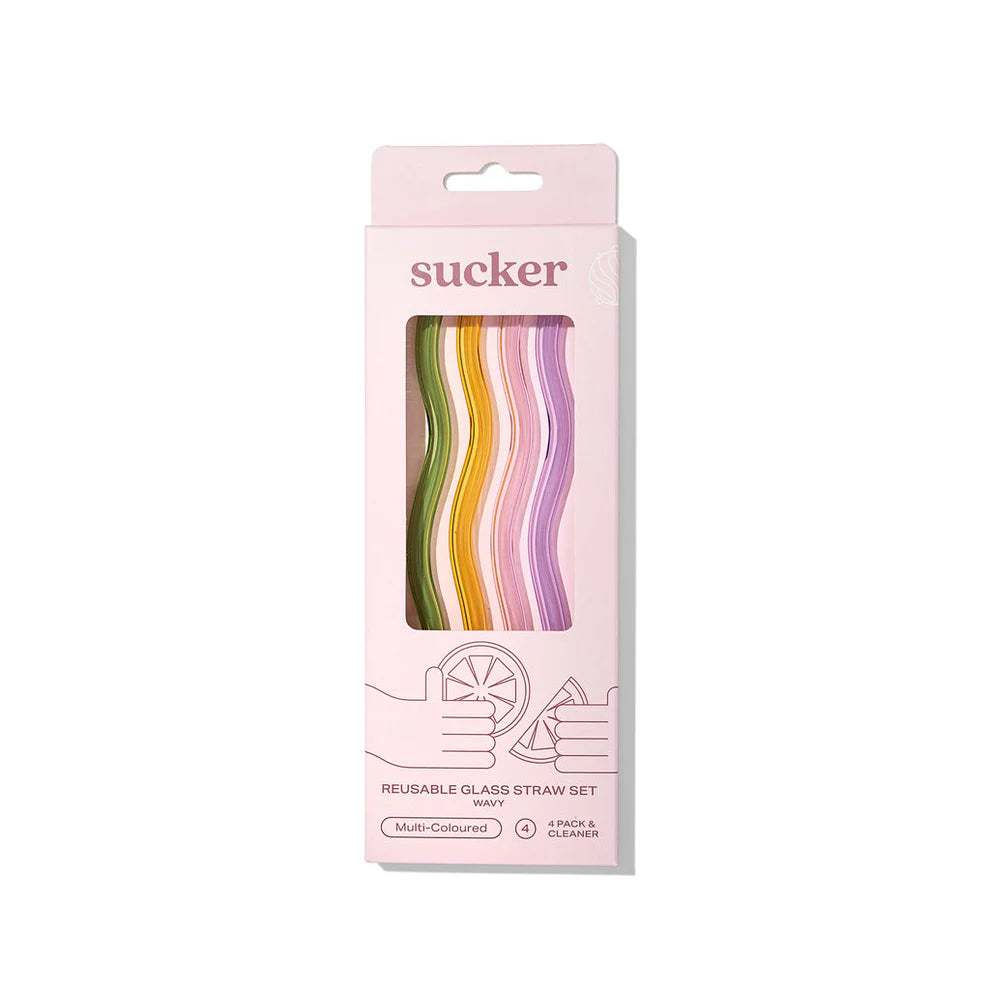 Sucker Wavy Reusable Glass Straws - Multi Coloured